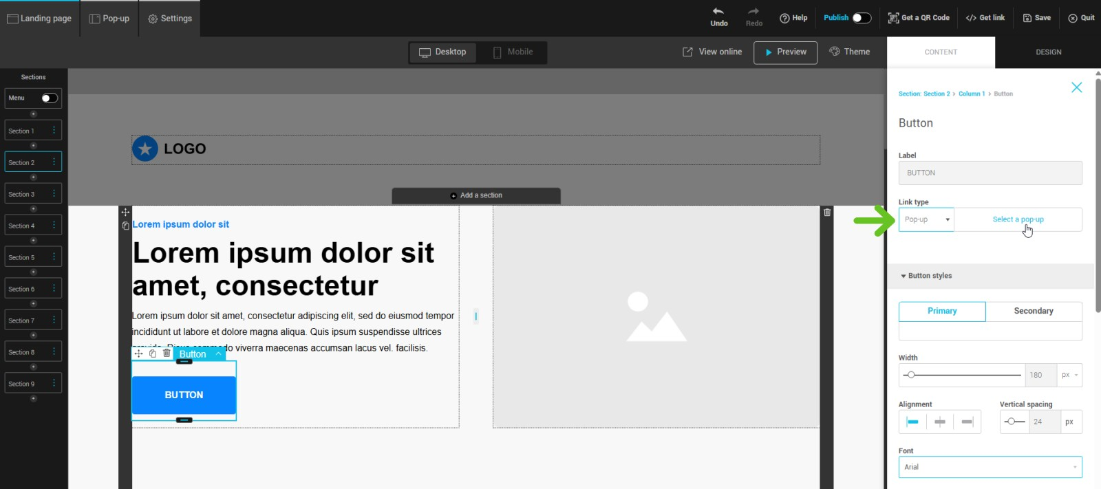 Select a pop-up (link type)