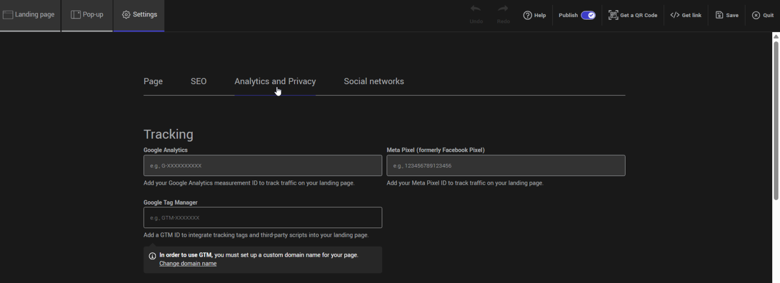 Analytics and privacy tab