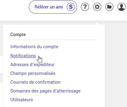 Menu paramètres et configurations : Notifications