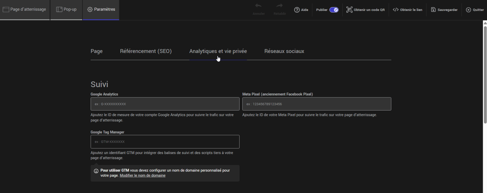 Analytiques et vie privée onglet
